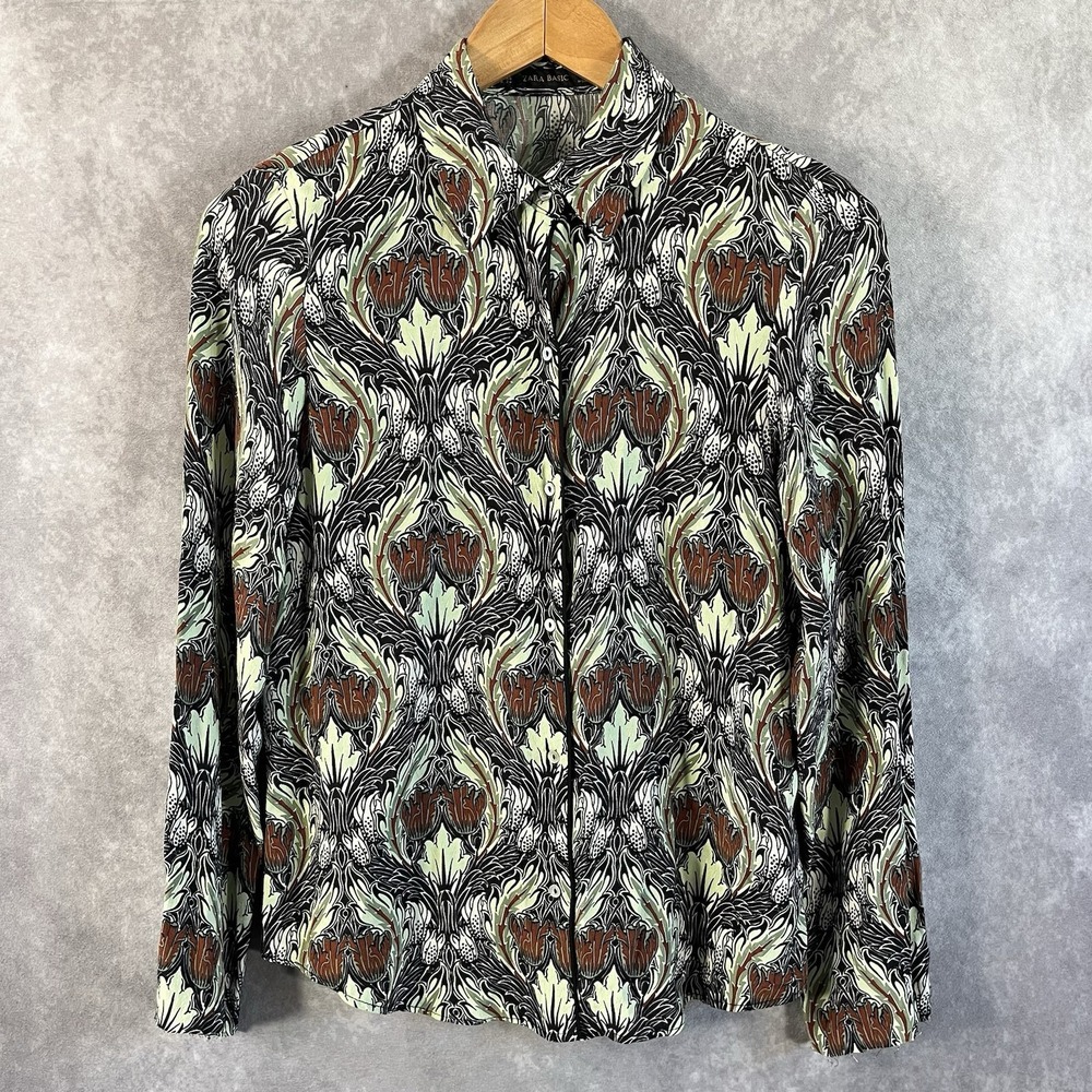 Zara Basic Button Down Shirt Womens XS Black Green Art Nouveau Floral Blouse